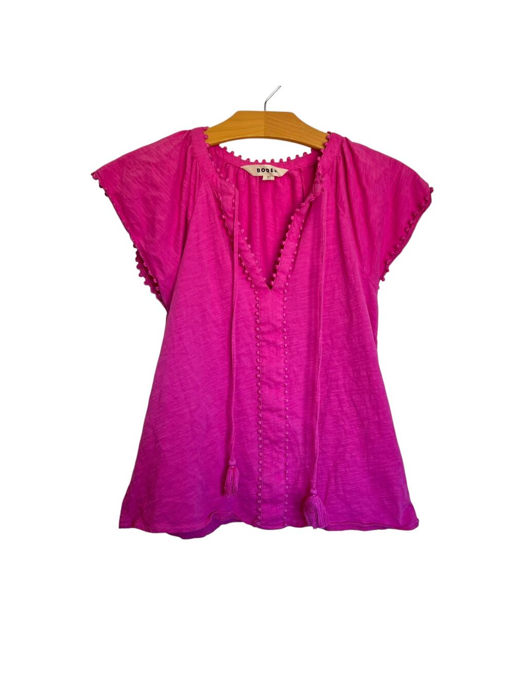 Boden Millie Trim Detail Top Rose Violet Pink Cotton Tassel Tie Flutter Sleeve 2